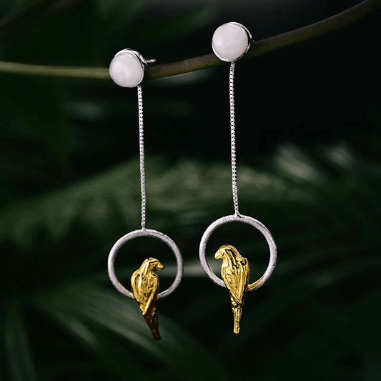 Boucles d'oreilles perroquets suspendus | Argent 925 détails plaqué Or 18K