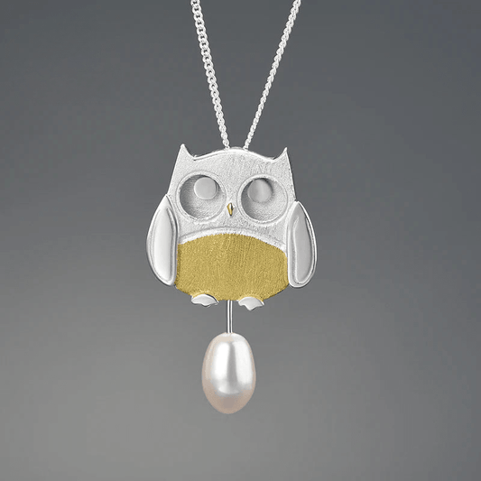 Pendentif trésor de hibou perle naturelle| Argent 925 détails plaqué Or 18K